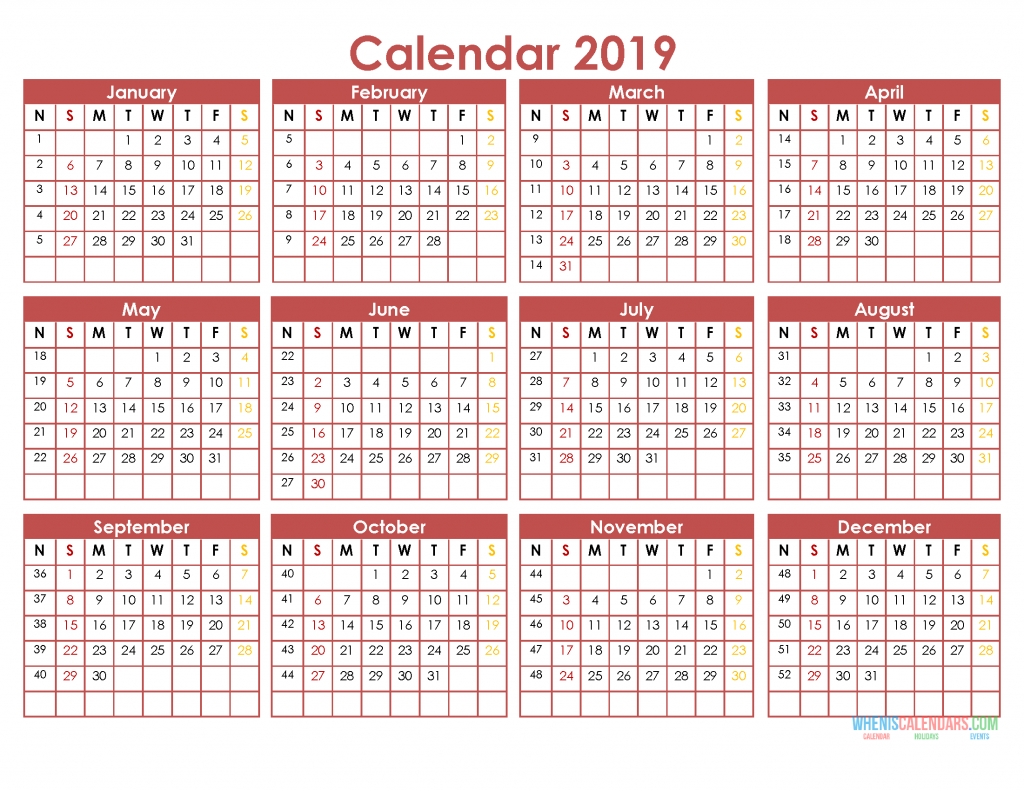 Printable 2019 Full Year Calendar Template On 1 Page [Us