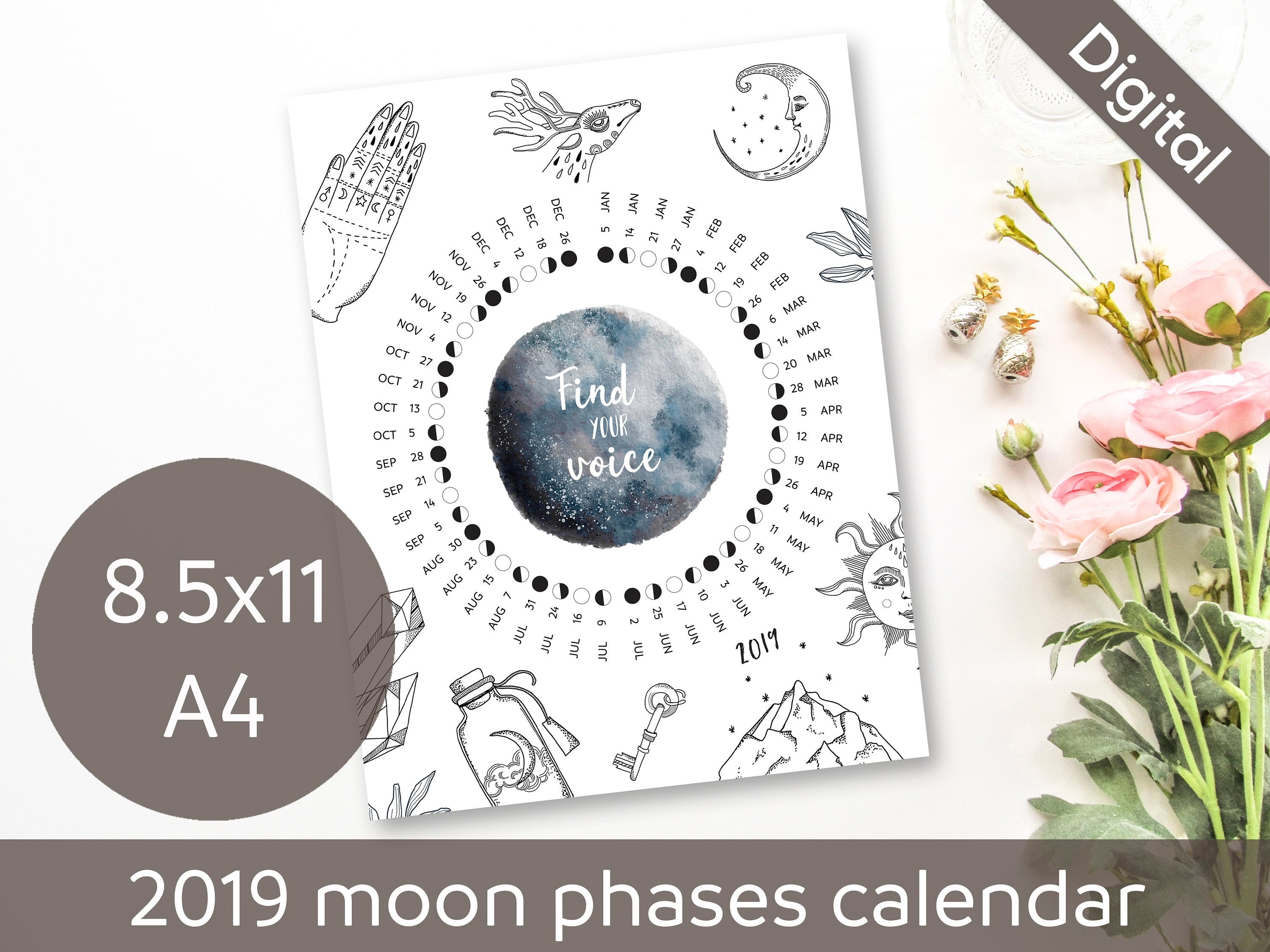 Printable 2019 Moon Phases Calendar, Full Moon, New Moon, Usa &amp; Europe Time  Zones, Whimsical, Desk, Wall, A4, Letter, Pdf Instant Download