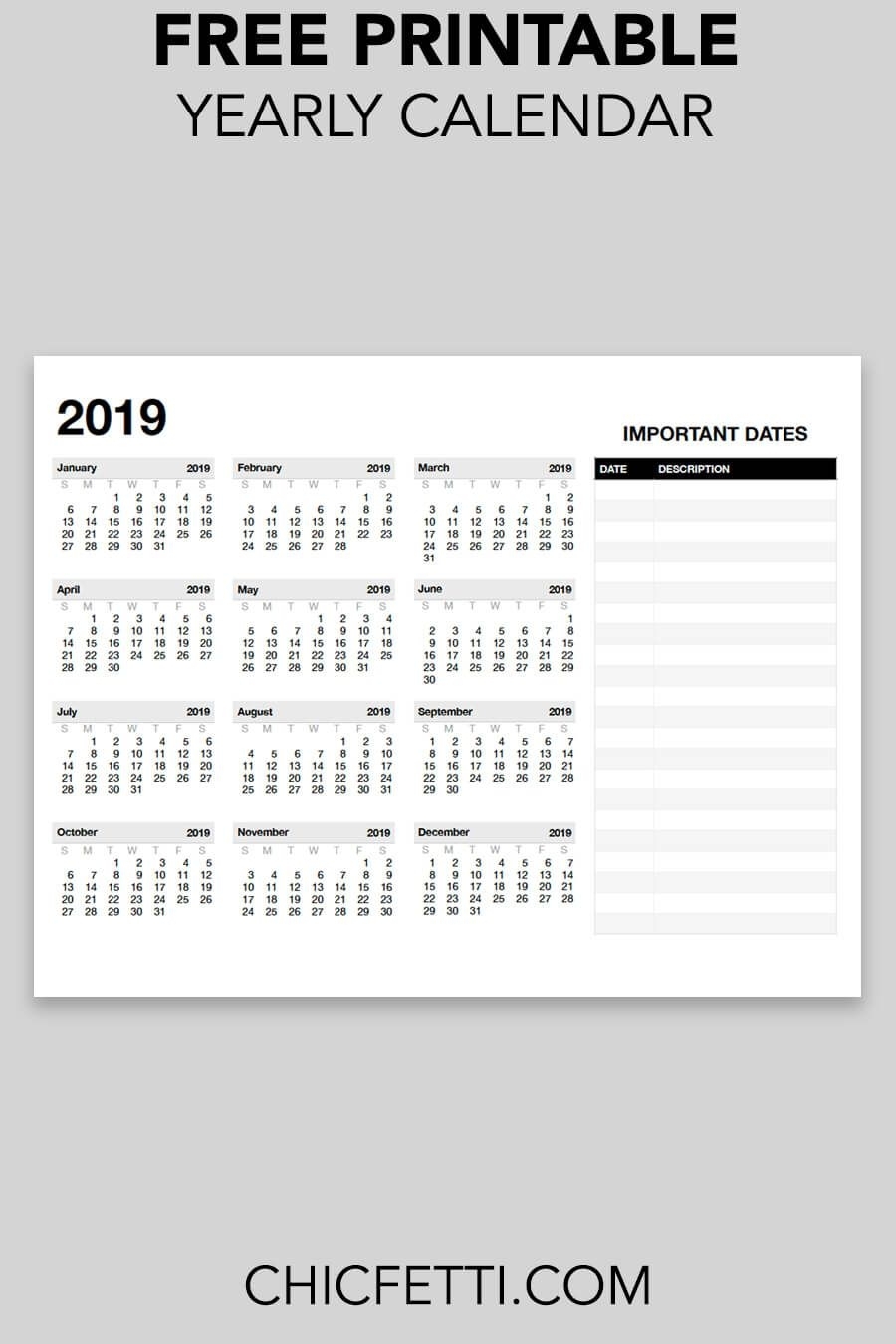 Printable 2019 Yearly Calendar | Yearly Calendar, Printable