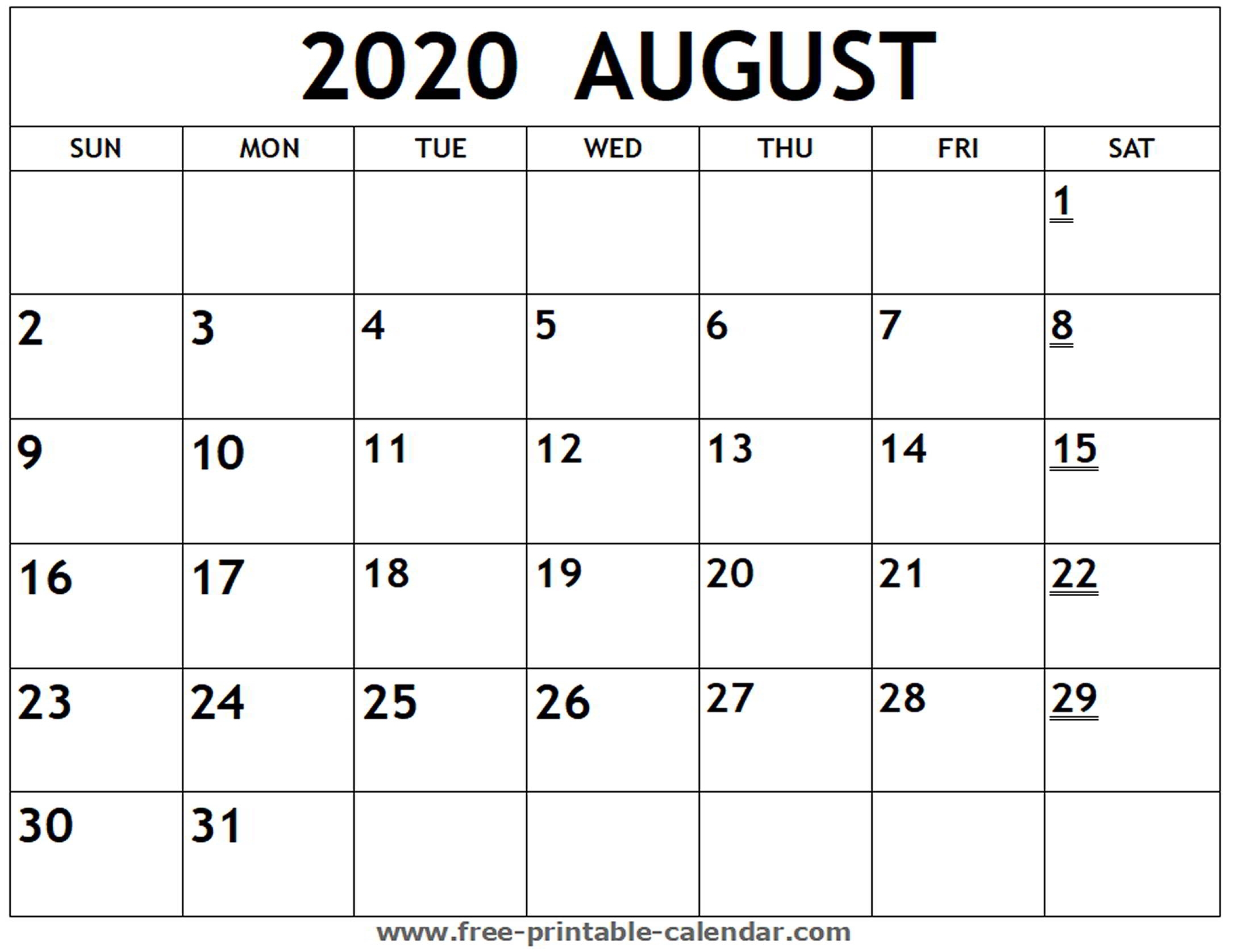 Printable 2020 August Calendar - Free-Printable-Calendar