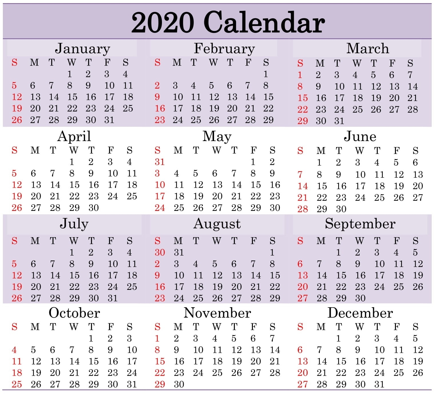 Printable 2020 Calendar Word Document - Latest Printable