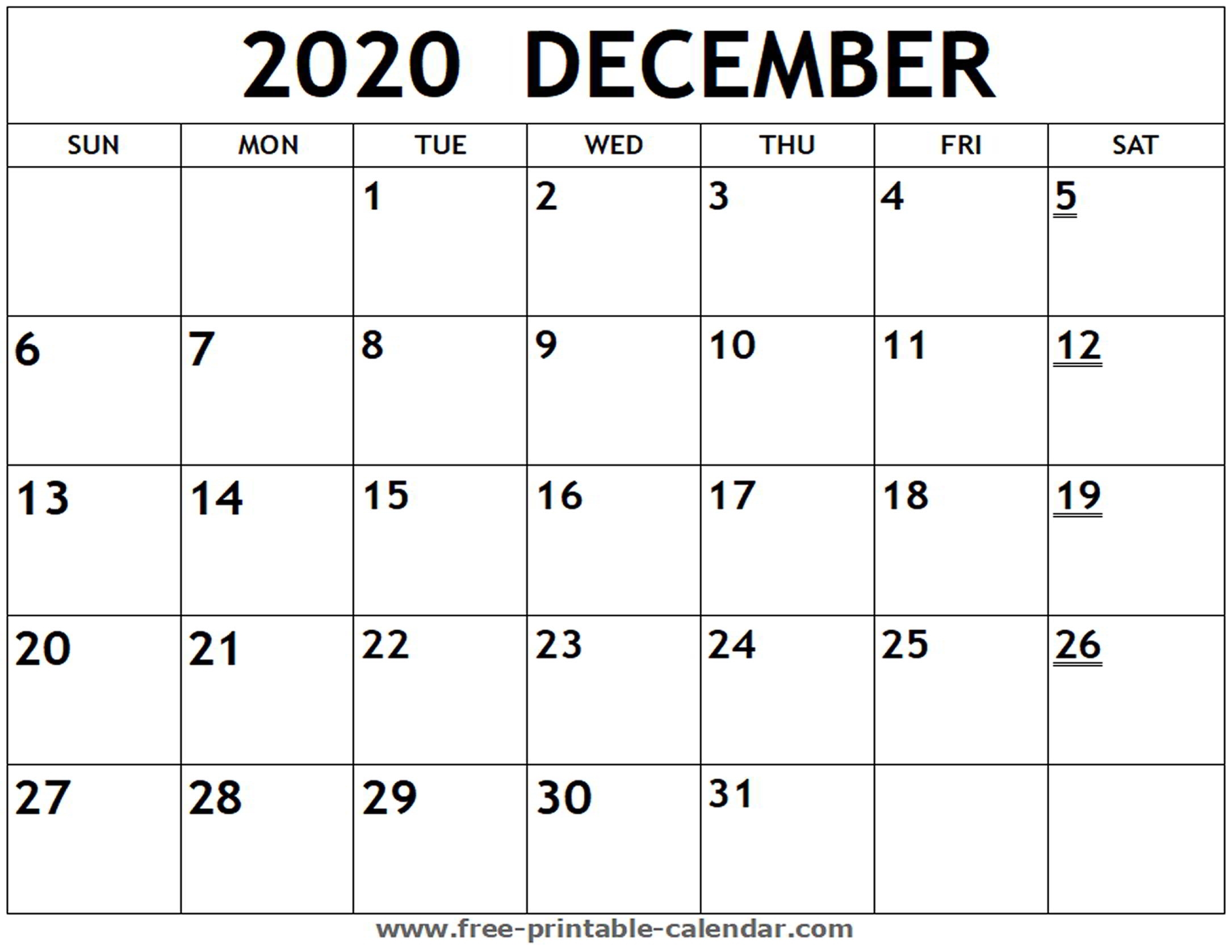 Printable 2020 December Calendar - Free-Printable-Calendar