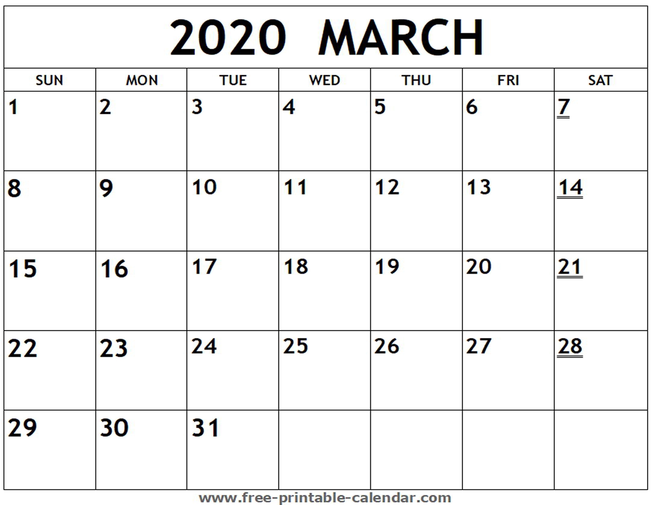 Printable 2020 March Calendar - Free-Printable-Calendar