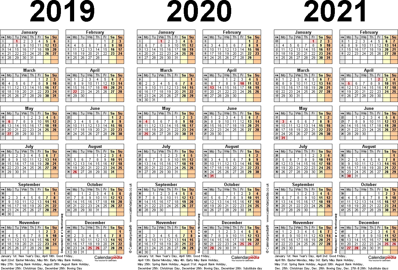 Printable 3 Year Calendar 2019 To 2021 | Printable Calendar 2020