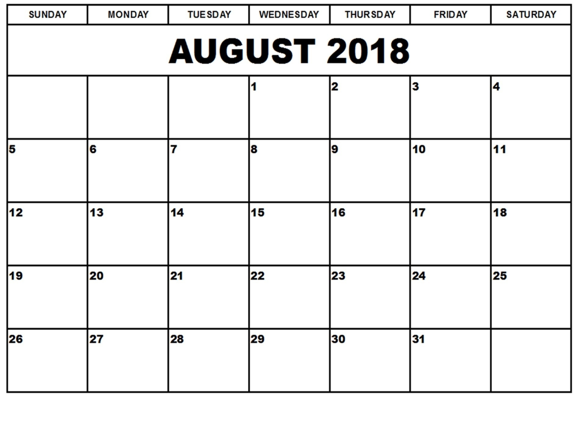 Printable August 2018 Blank Calendarday