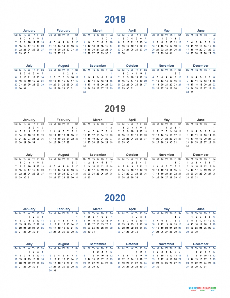 Printable Calendar 2018 2019 And 2020 3 Year Calendar