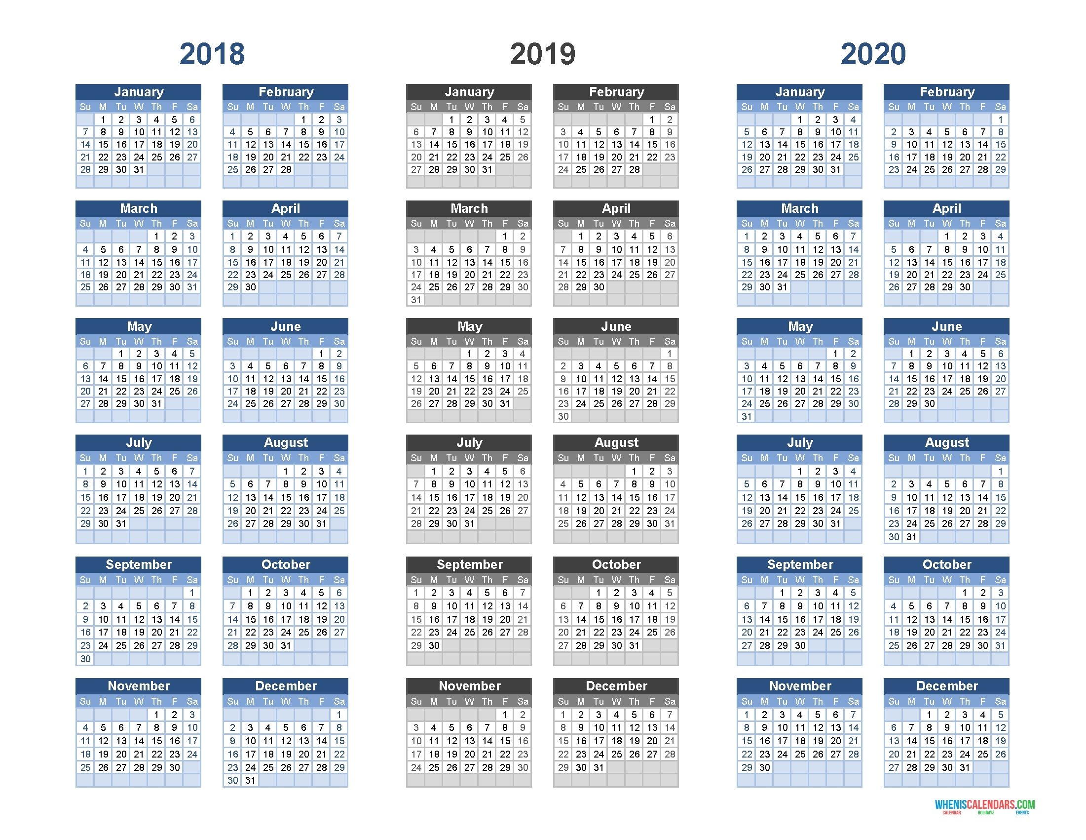 Printable Calendar 2018 2019 And 2020 – 3 Year Calendar