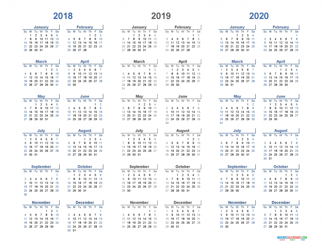 Printable Calendar 2018 2019 And 2020 3 Year Calendar (Light