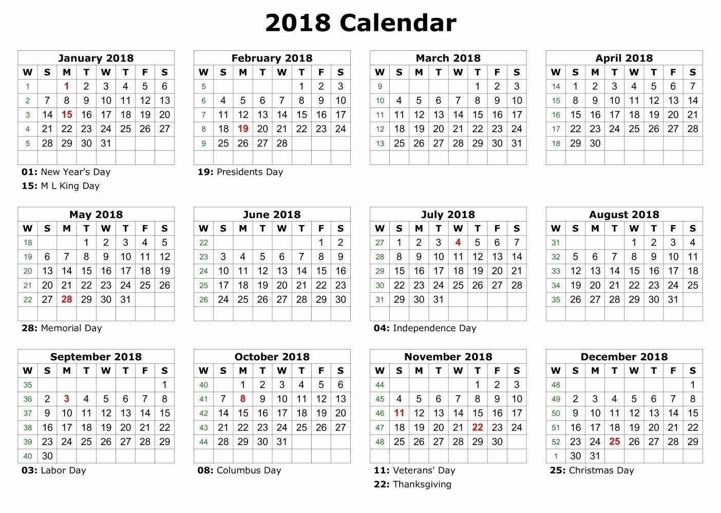 Printable Calendar 2018 Big Boxes | Printable Calendar 2019