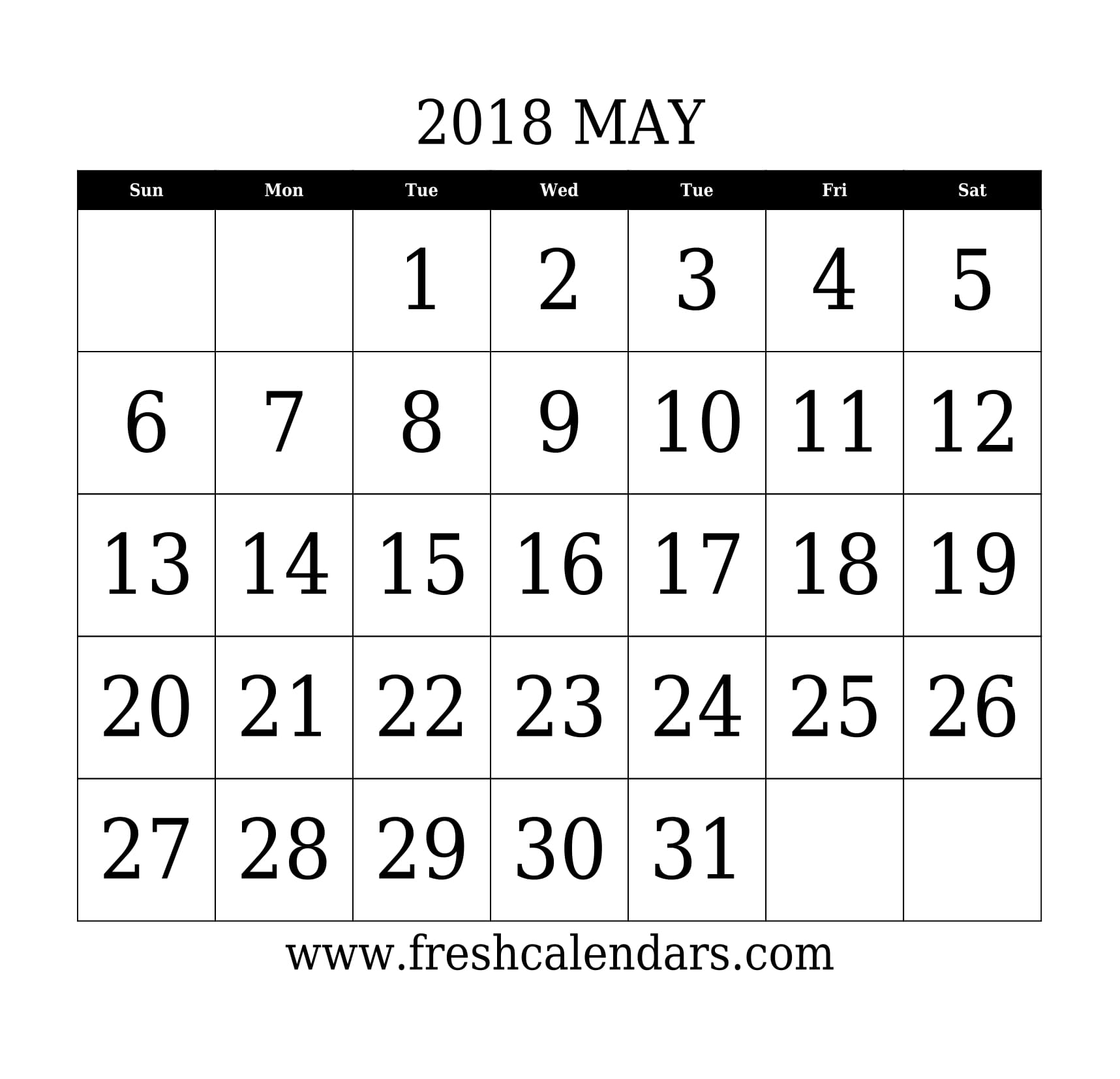 Printable Calendar 2018 Big Numbers | Printable Calendar 2020