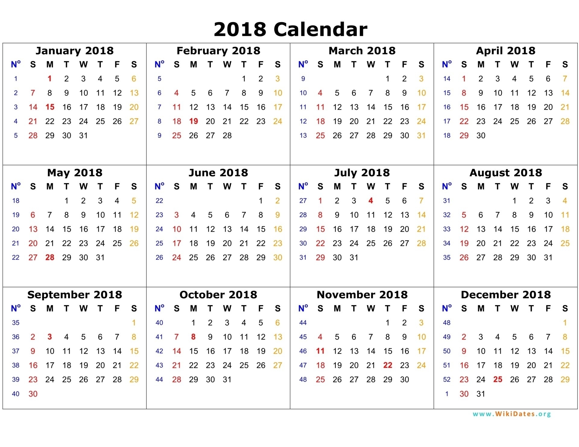 Printable Calendar 2018 - Free 2018 Blank Calendar Template