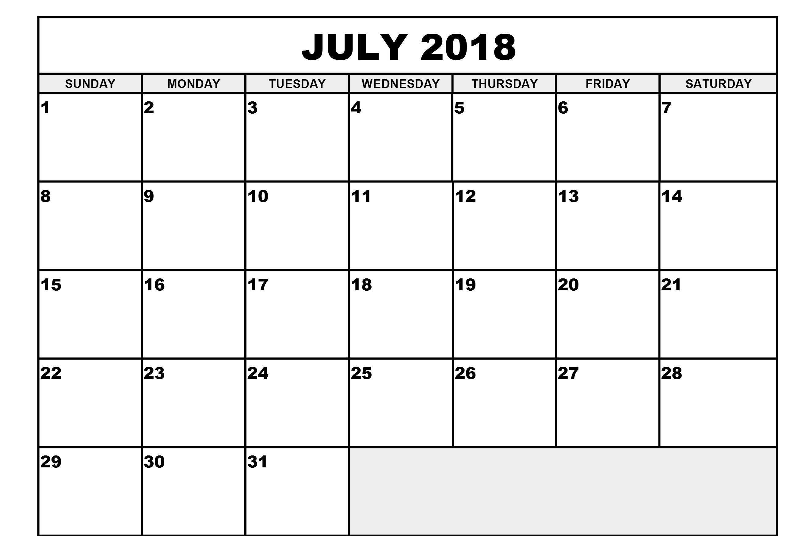 Printable Calendar 2018 July Waterproof | Printable Calendar