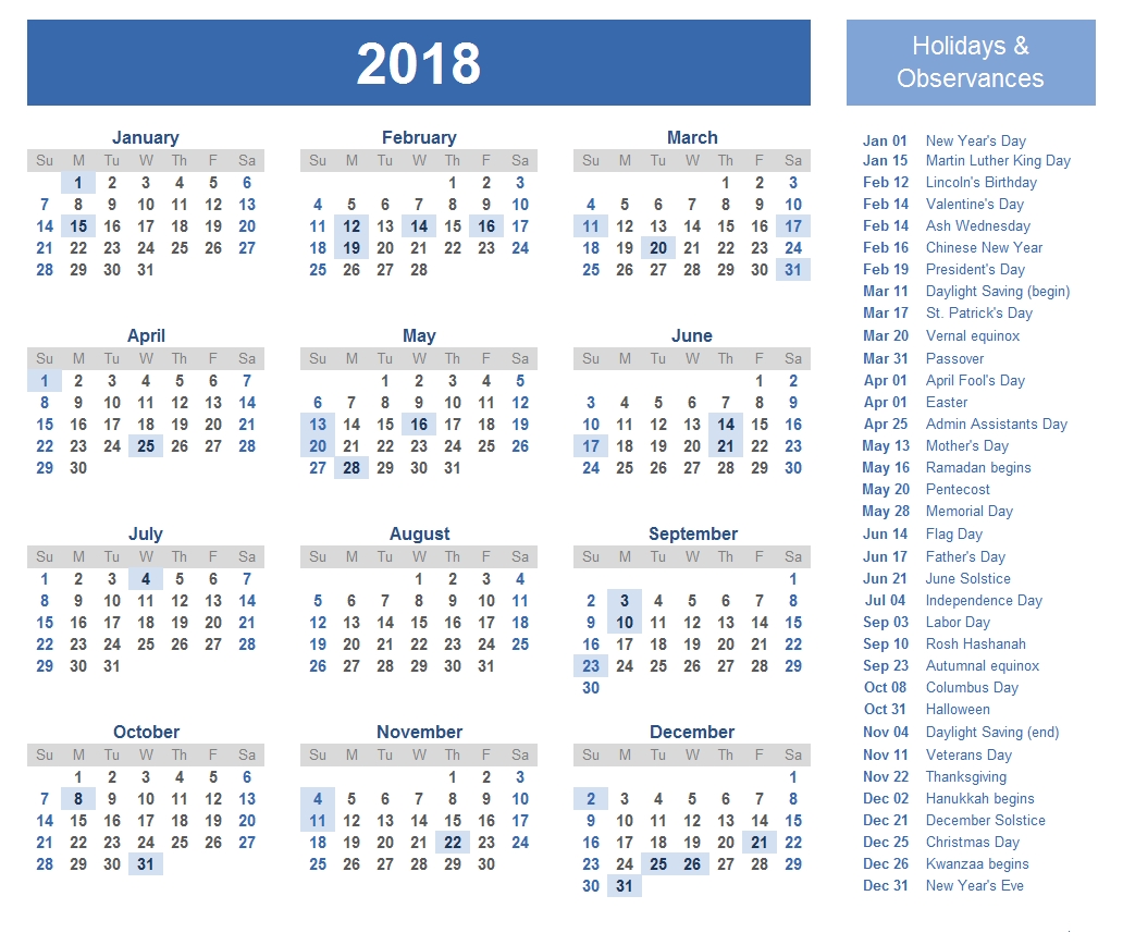 Printable Calendar 2018 With Government Holidays | Printable