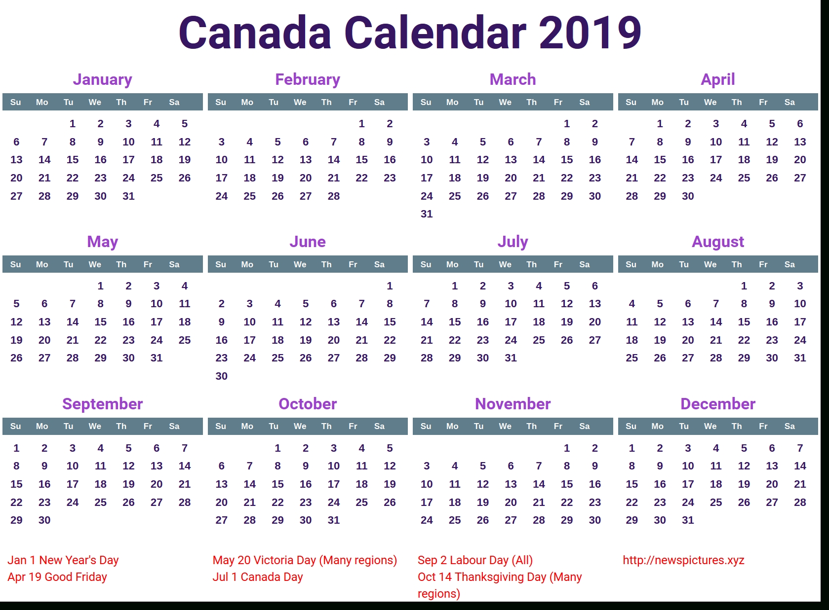 Printable Calendar 2019 Canada | Printable Calendar 2020