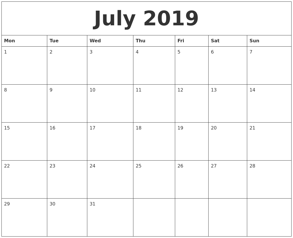 Printable Calendar 2019 Monday Start | Printable Calendar 2020