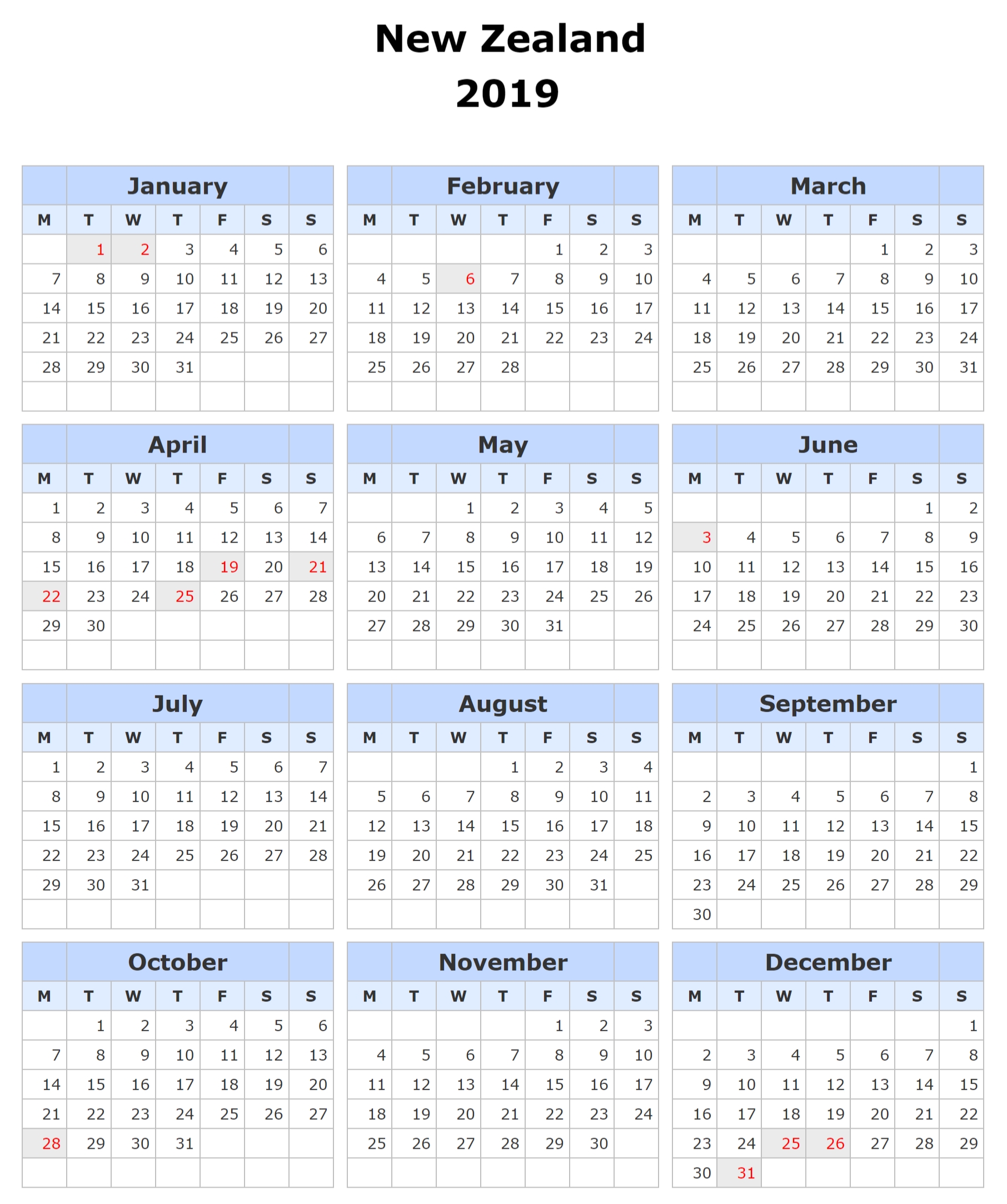 six monthly new zealand calendars calendar template printable - january ...