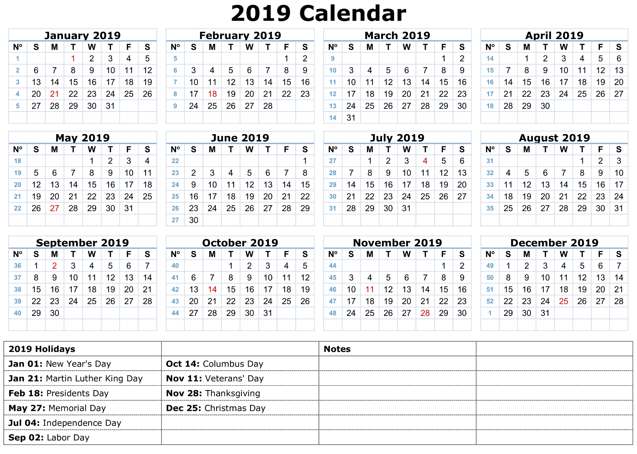 Printable Calendar 2019 With Holidays | Printable Calendar 2020