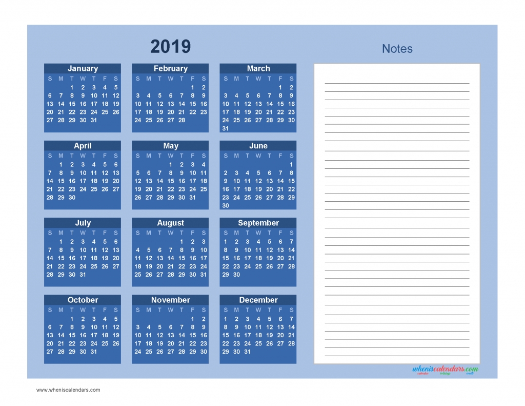 Printable Calendar 2019 With Notes Yearly Editor, Blue