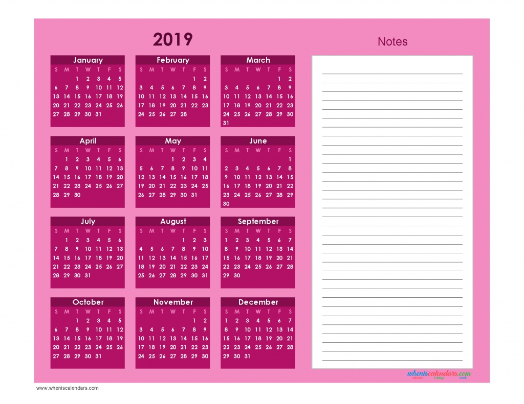 Printable Calendar 2019 With Notes Yearly Editor [ Ion