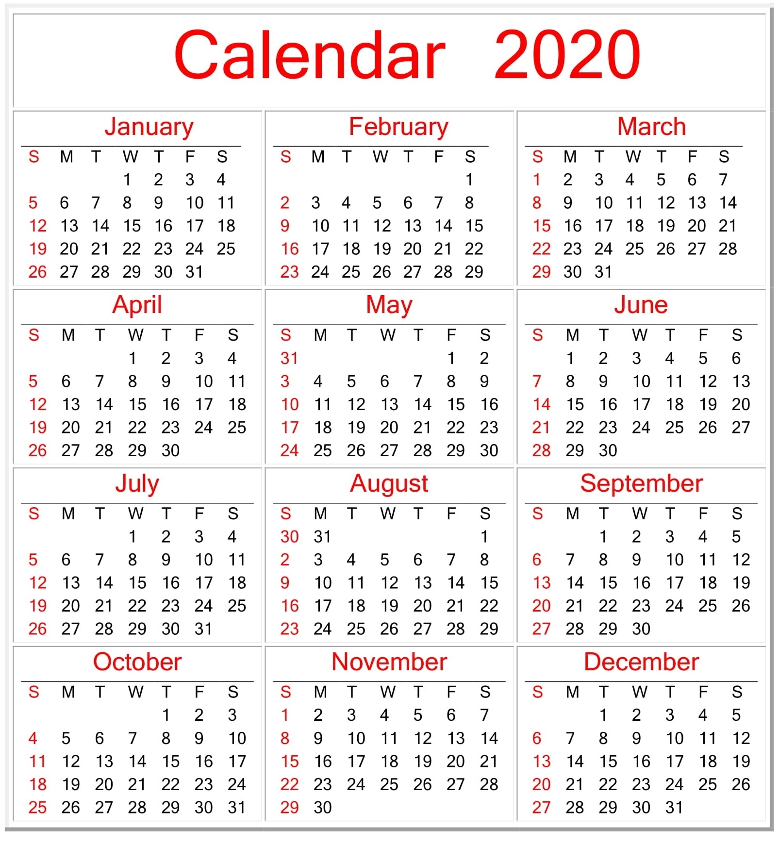 Printable Calendar 2020 Pdf Template – Free Latest Calendar