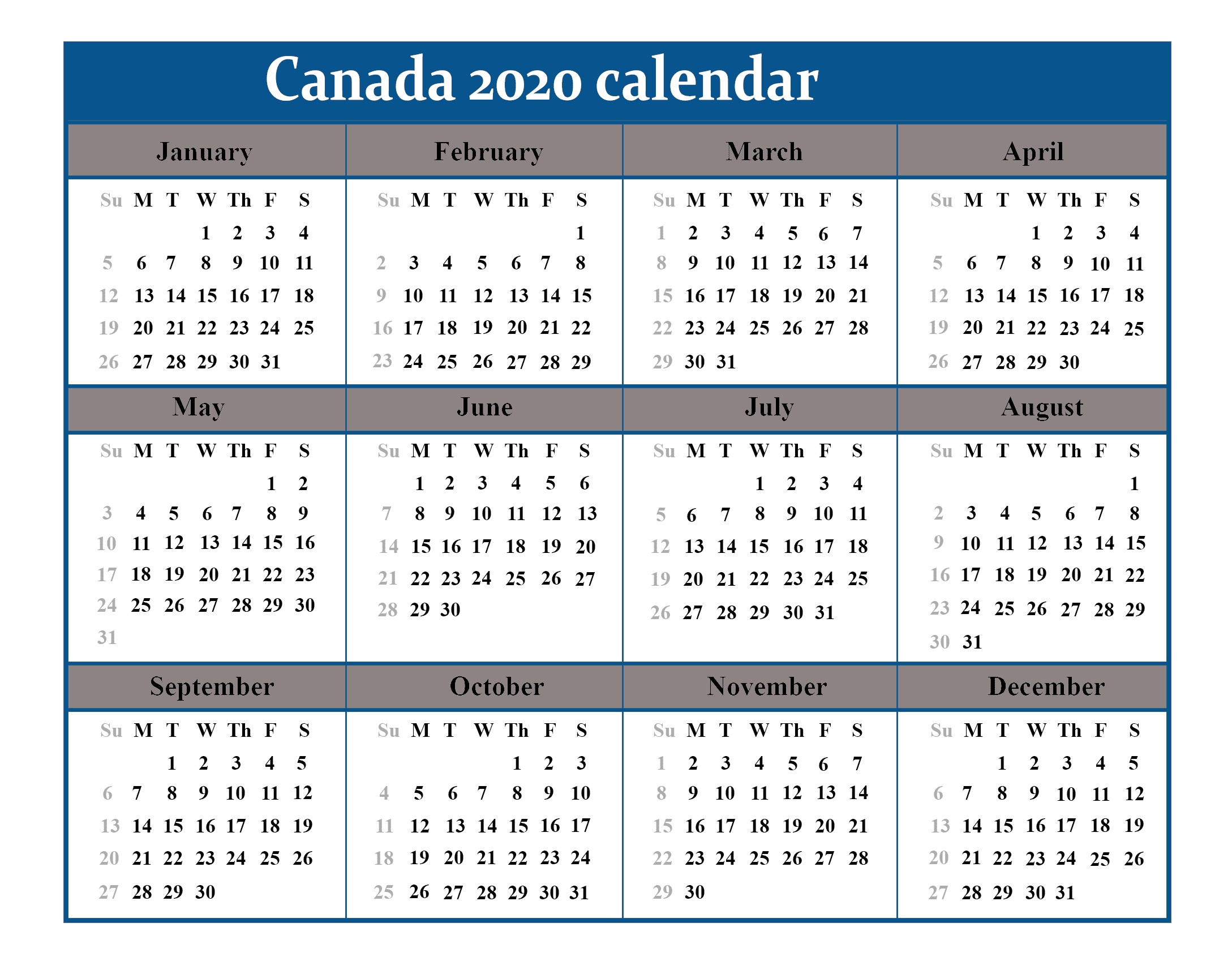 Printable Calendar 2020 With Canada Holidays | Best