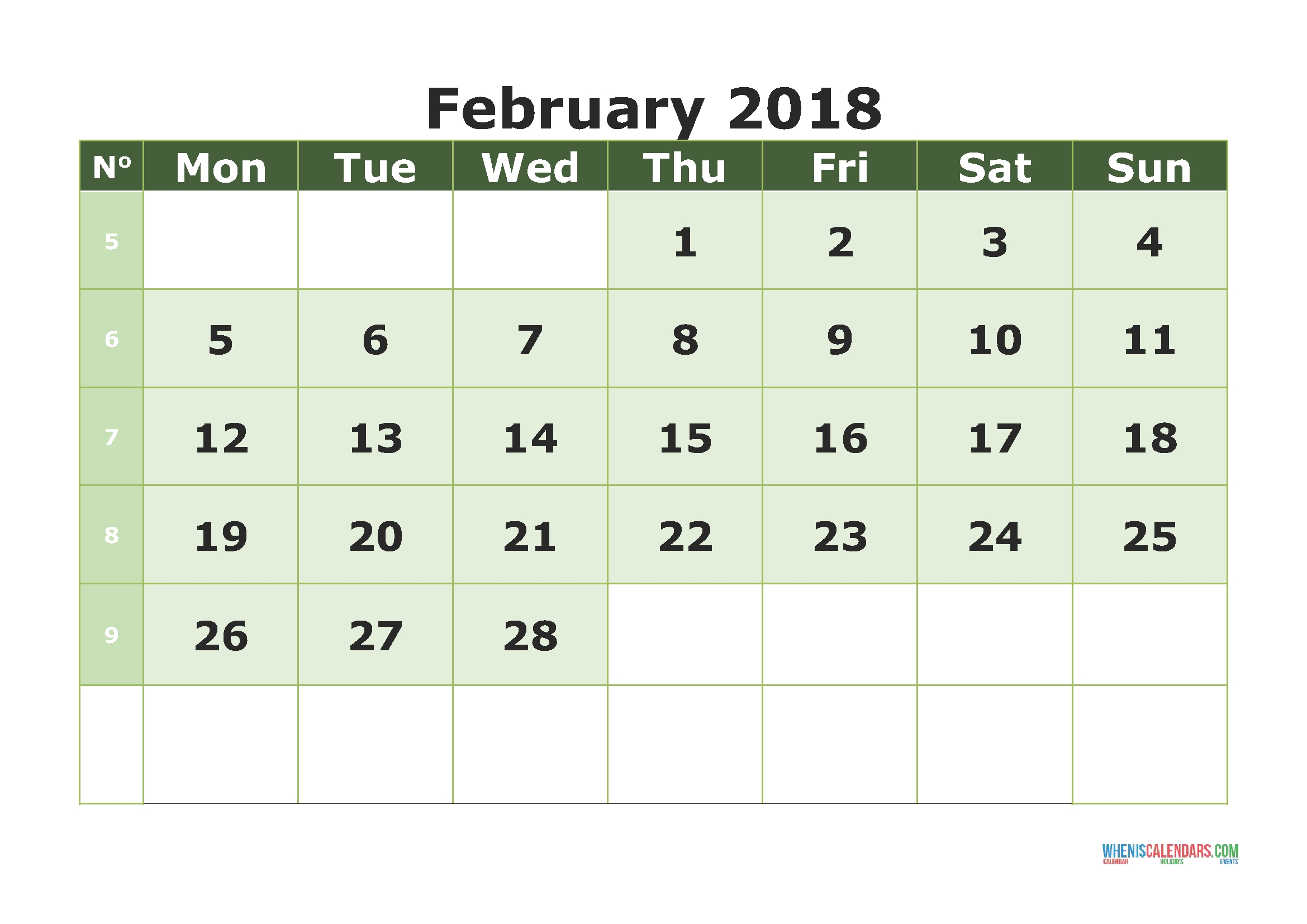 Printable Calendar February 2018 With Week Numbers (Monday