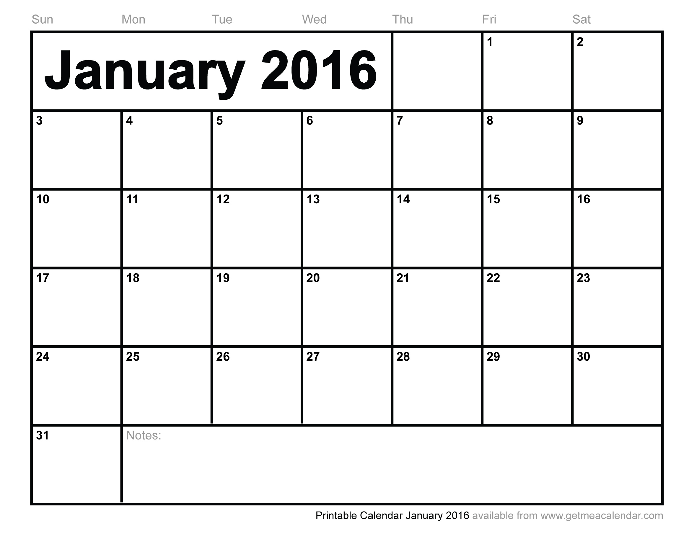 Printable Calendar January 2016