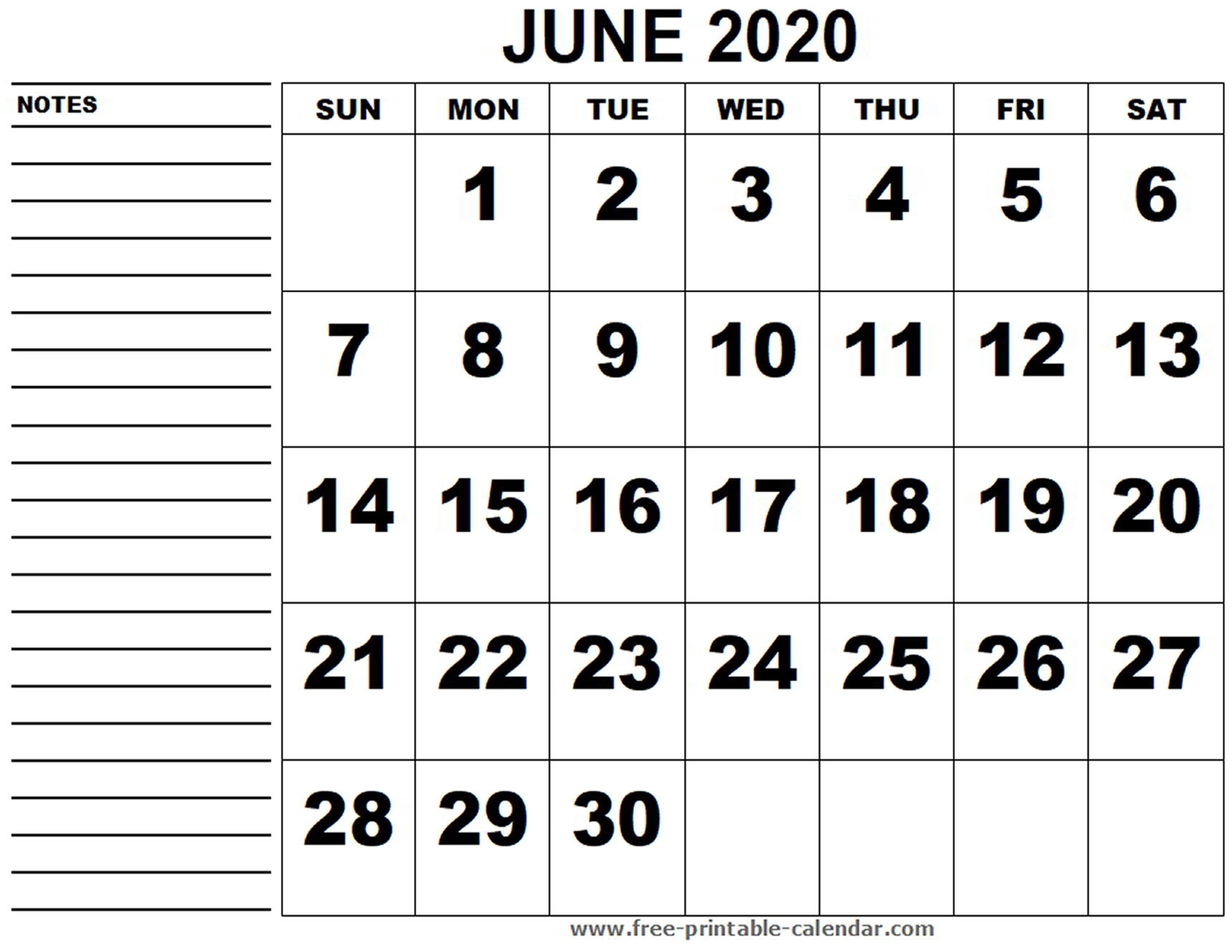 Printable Calendar June 2020 - Free-Printable-Calendar
