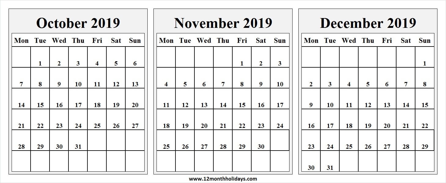 Printable Calendar October To December 2019 | Editable Blank