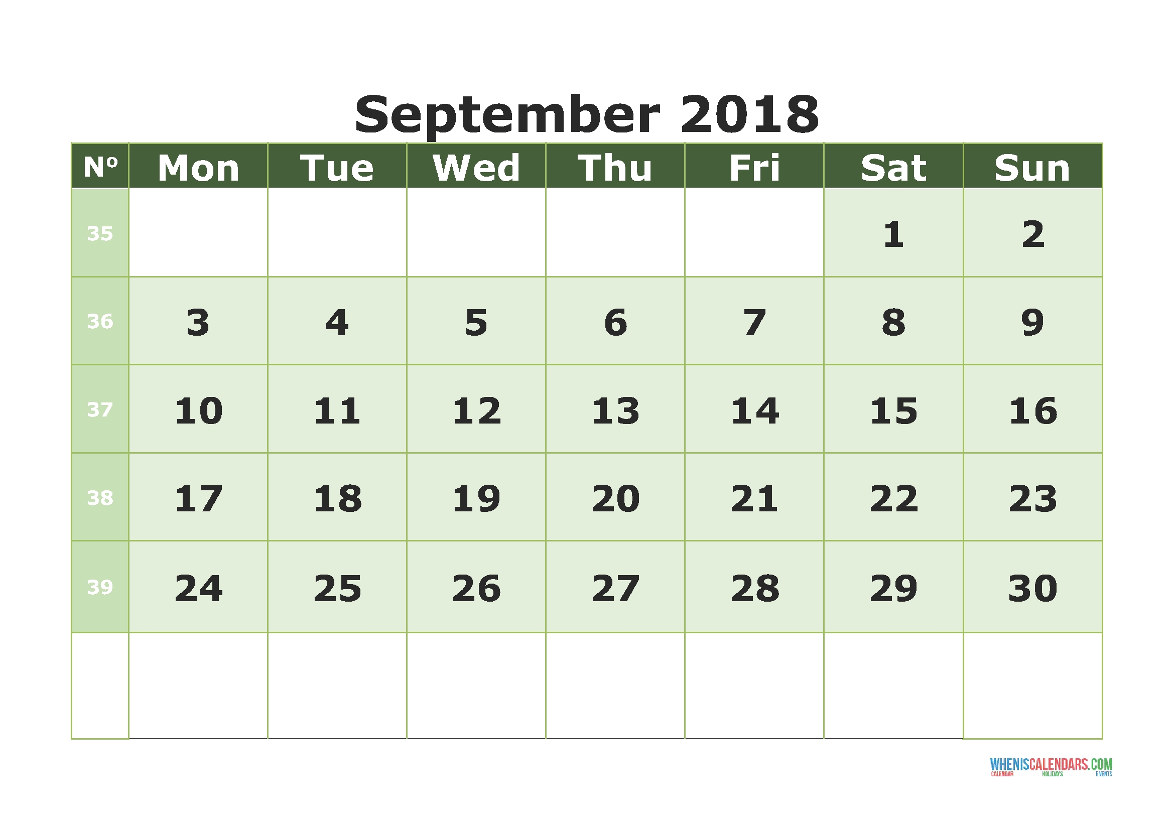 Printable Calendar September 2018 With Week Numbers (Monday