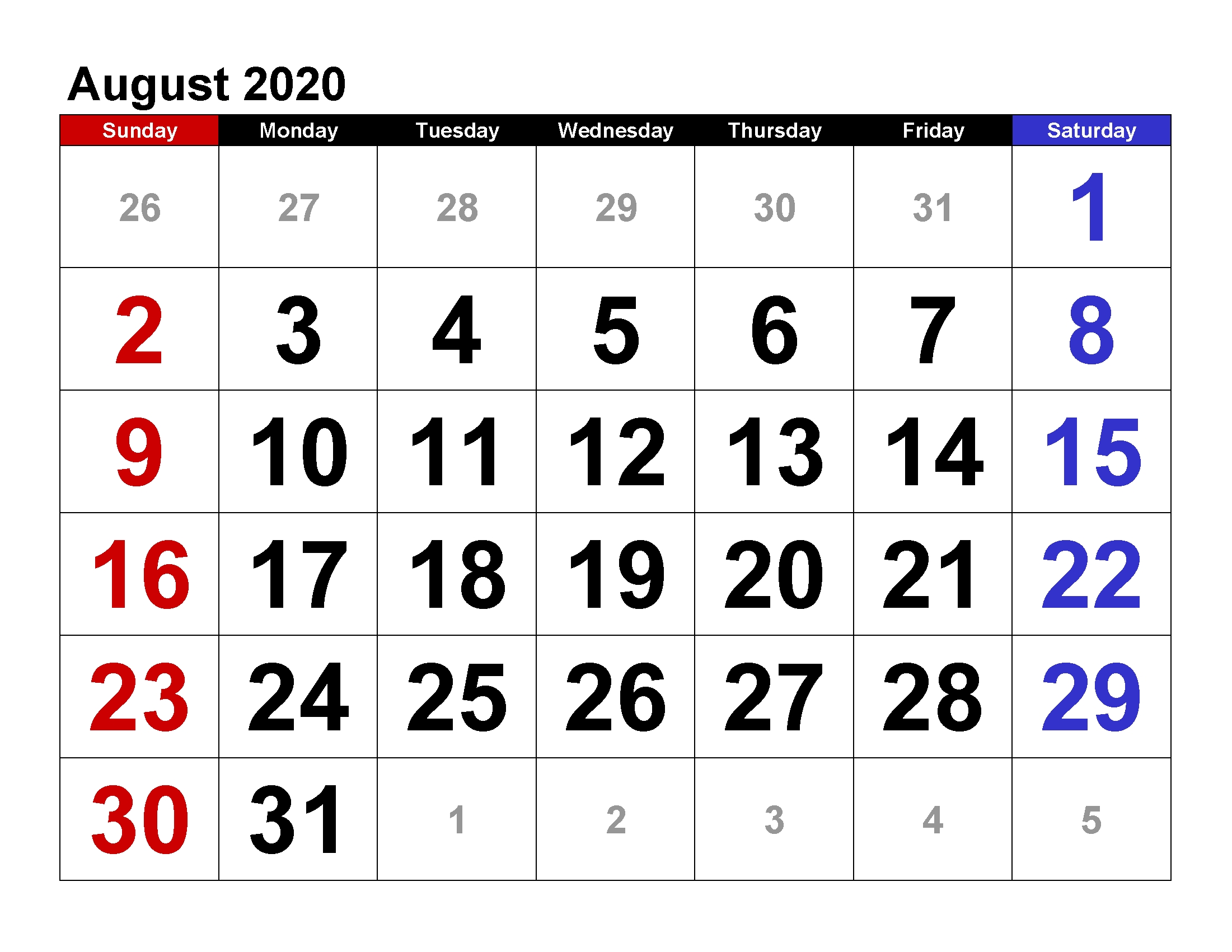 August 9 2020 Calendar Month Calendar Printable