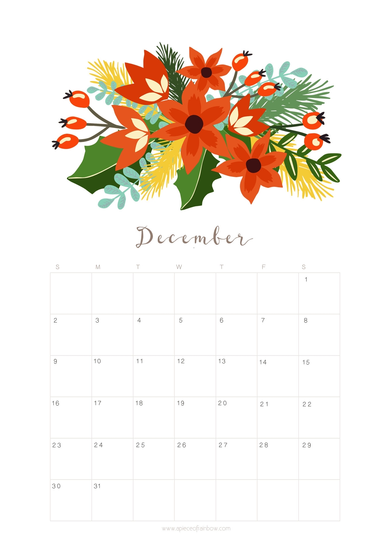 Printable December 2018 Calendar Monthly Planner - Floral