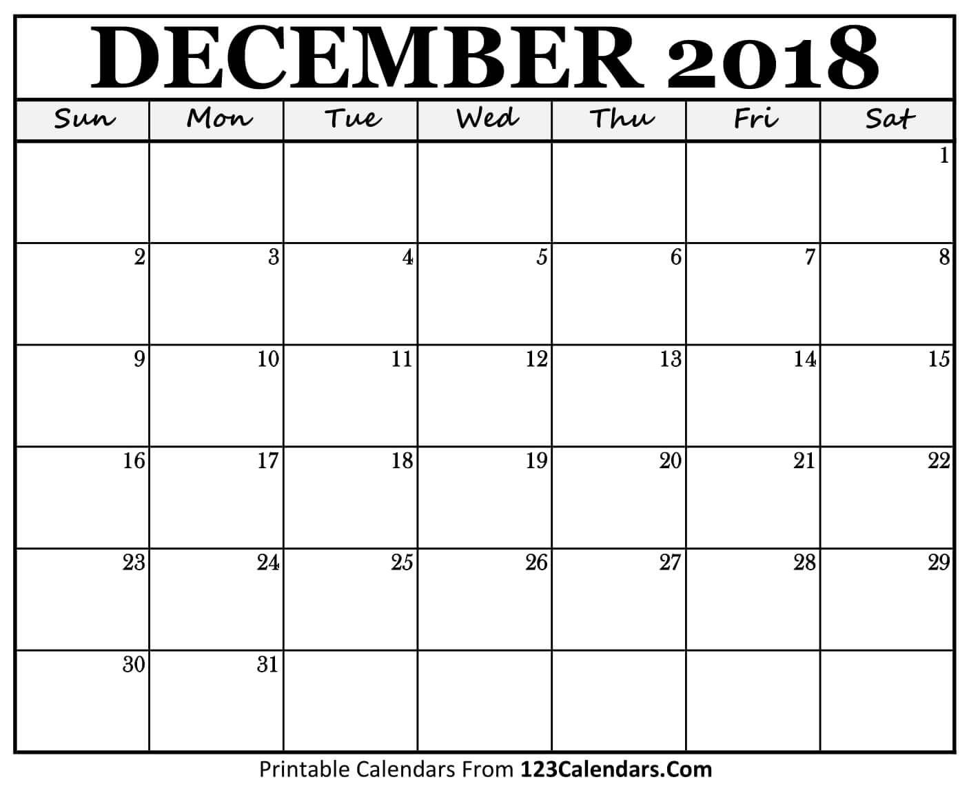 Printable December 2018 Calendar Templates - 123Calendars