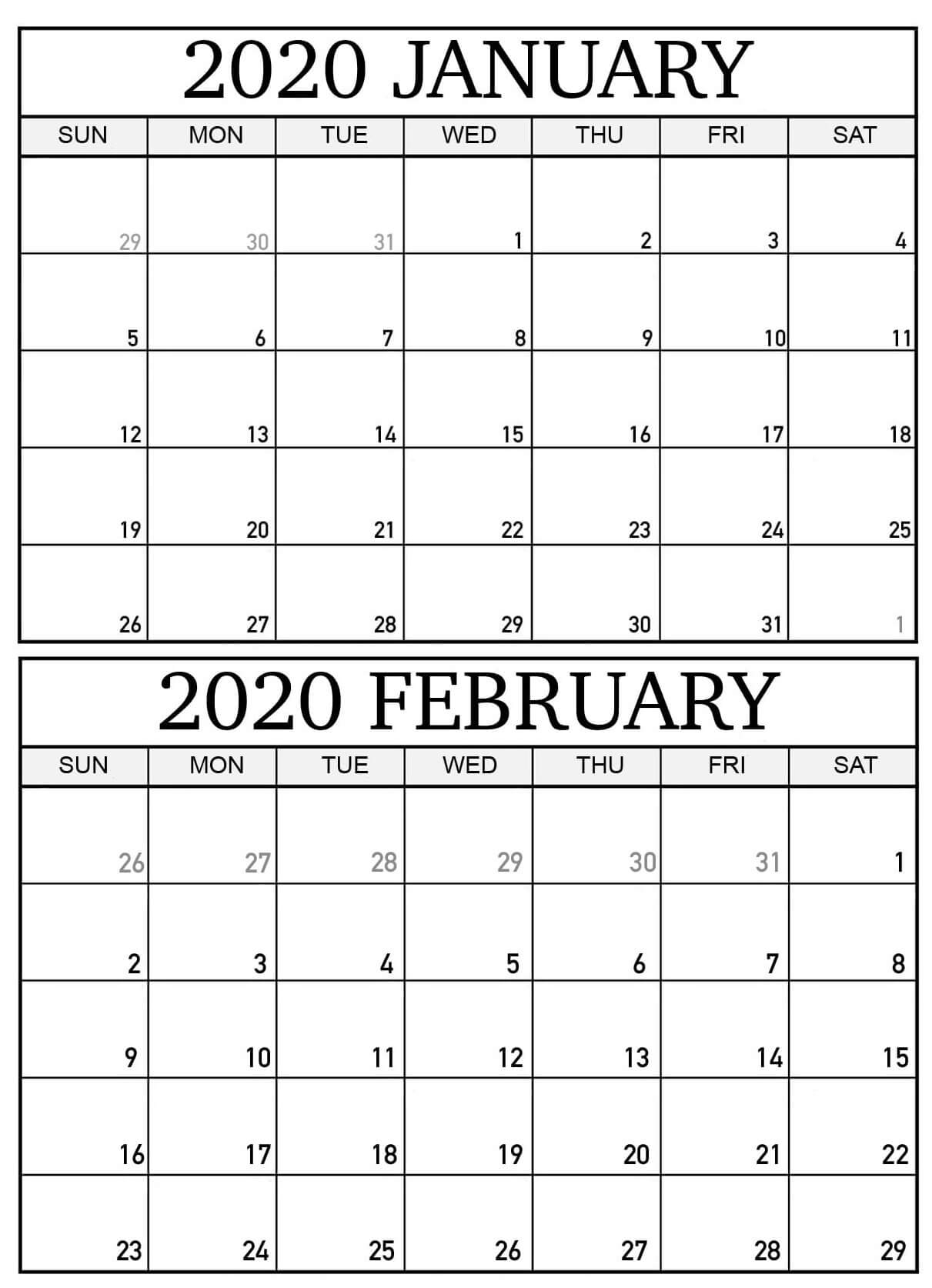 Printable February 2020 Calendar Word - Blank 2020 January