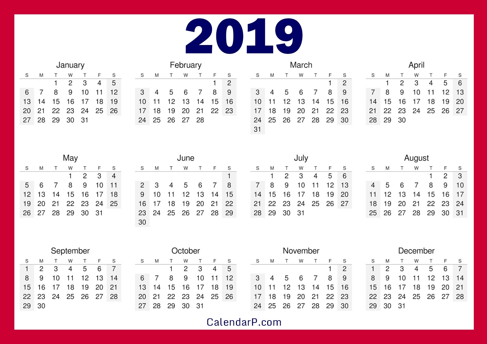 Printable Free 2019 Calendar, Horizontal – Calendarp