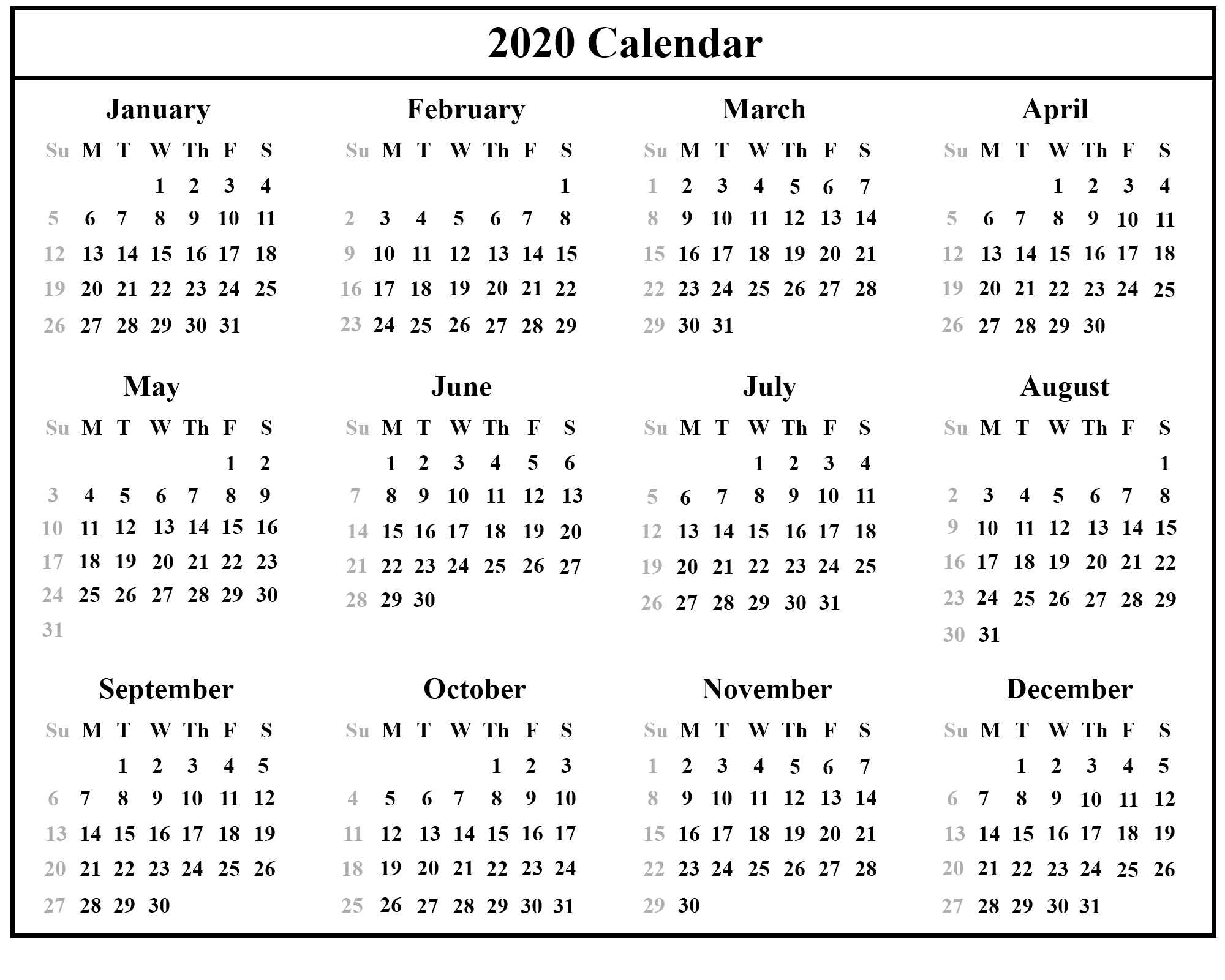 2020 Indian Calendar With Holidays Free Printable