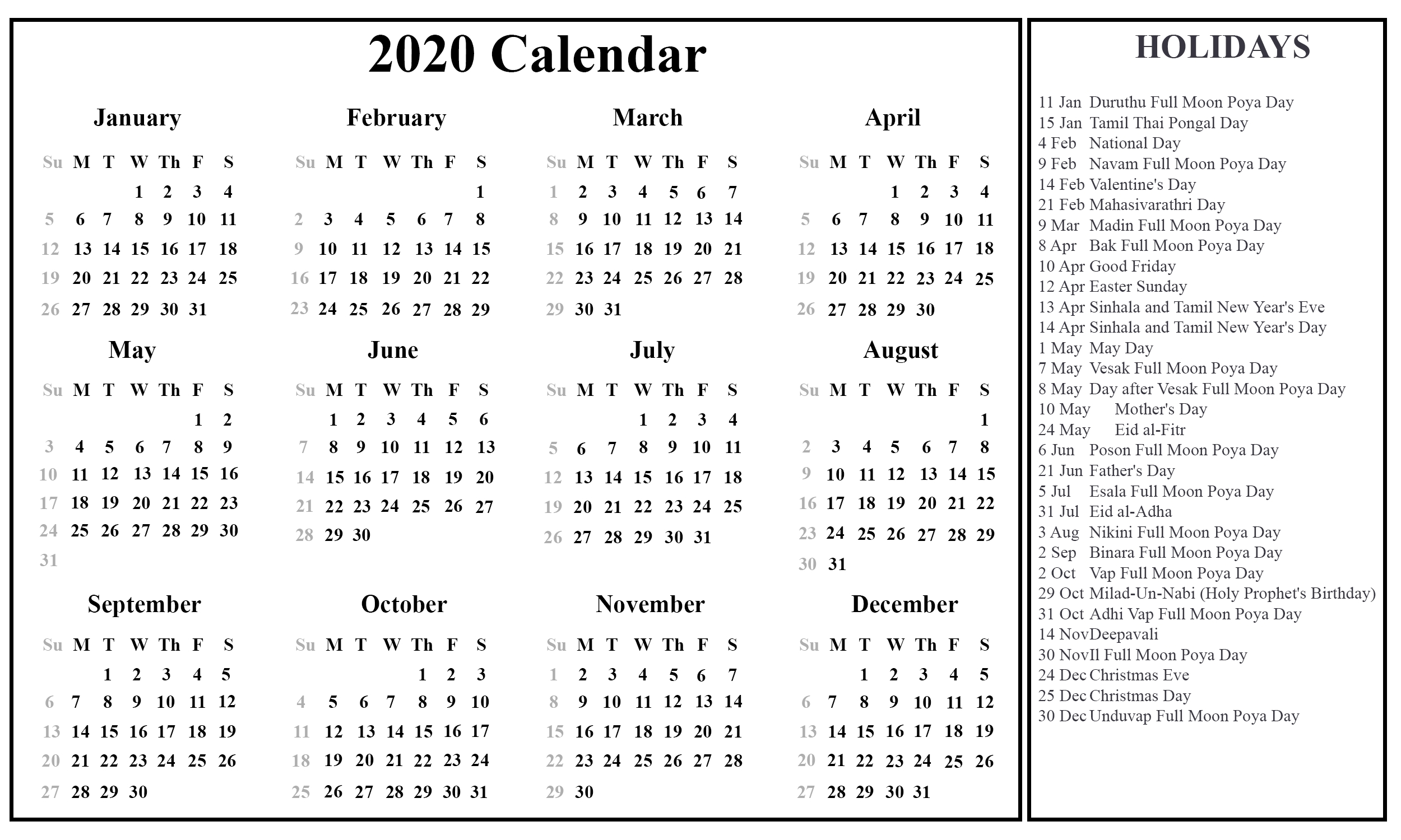 Printable Free Download Sri Lanka Calendar 2020 [Pdf, Excel