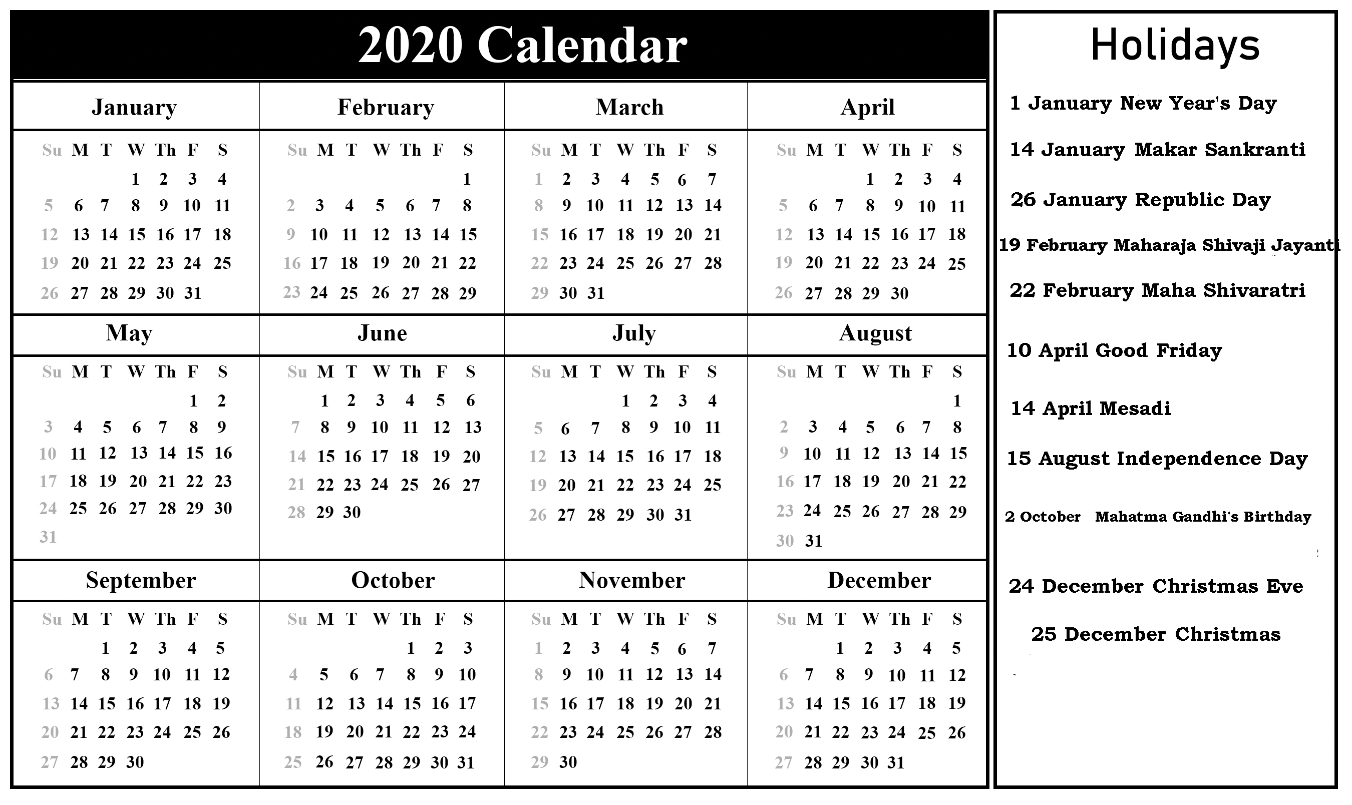 Printable Indian 2020 Calendar Template Pdf, Excel, Word