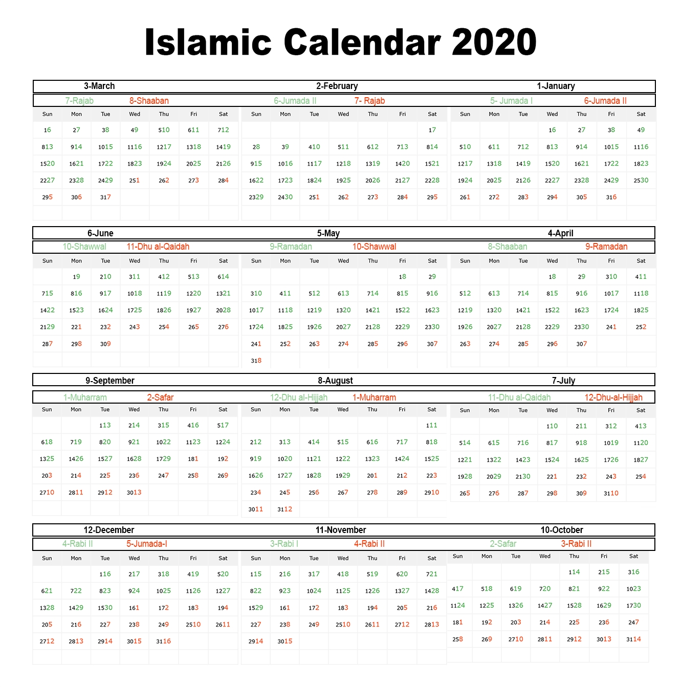 Printable Islamic Calendar 2020 | Hijri Calendar 1441