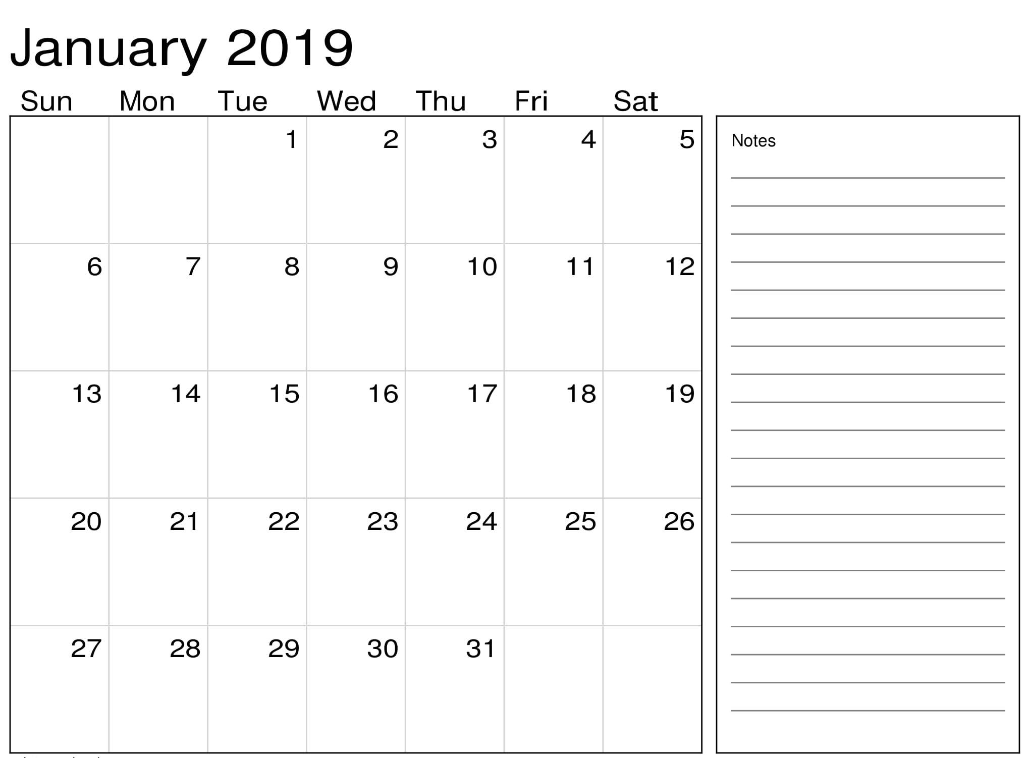 Printable January 2019 Calendar Pdf Blank Template