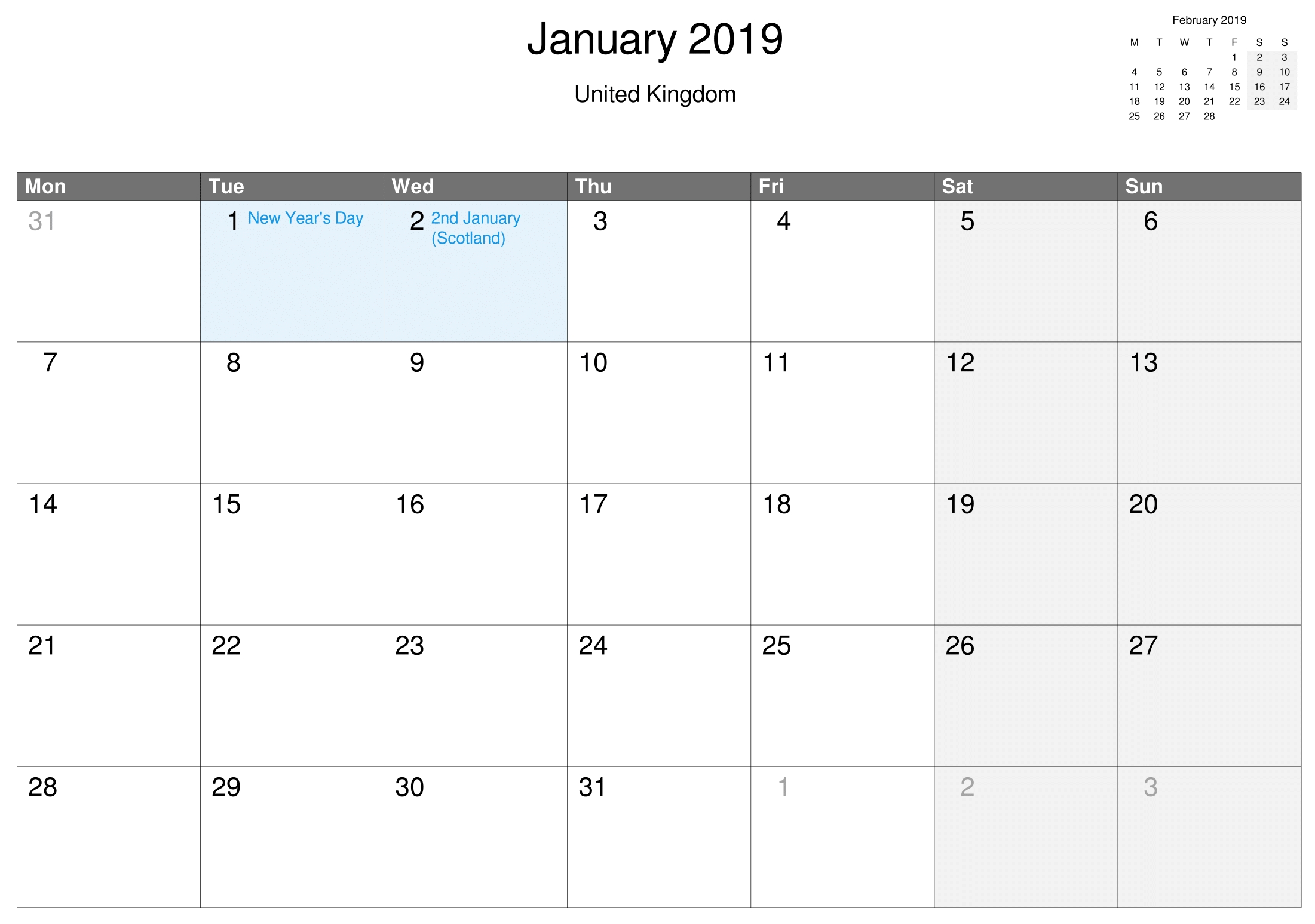 Printable January 2019 Calendar Uk | Free Printable February