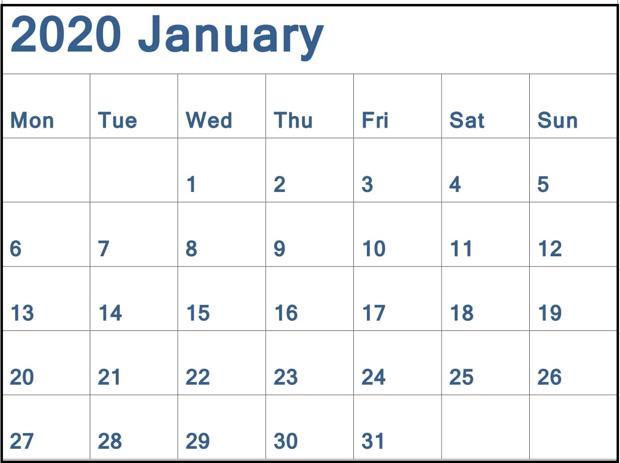 Printable January 2020 Calendar Monthly Template - Latest