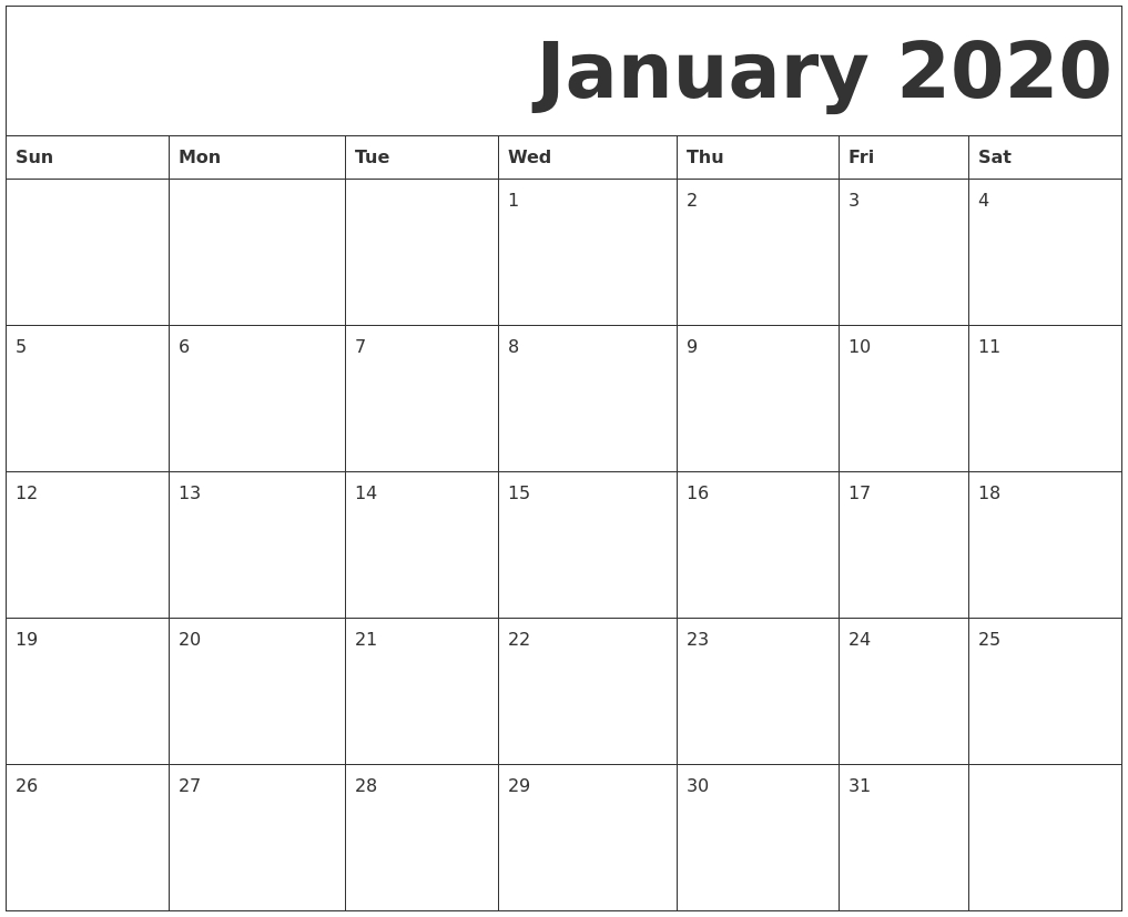 Printable January 2020 Calendar Pdf Free Download
