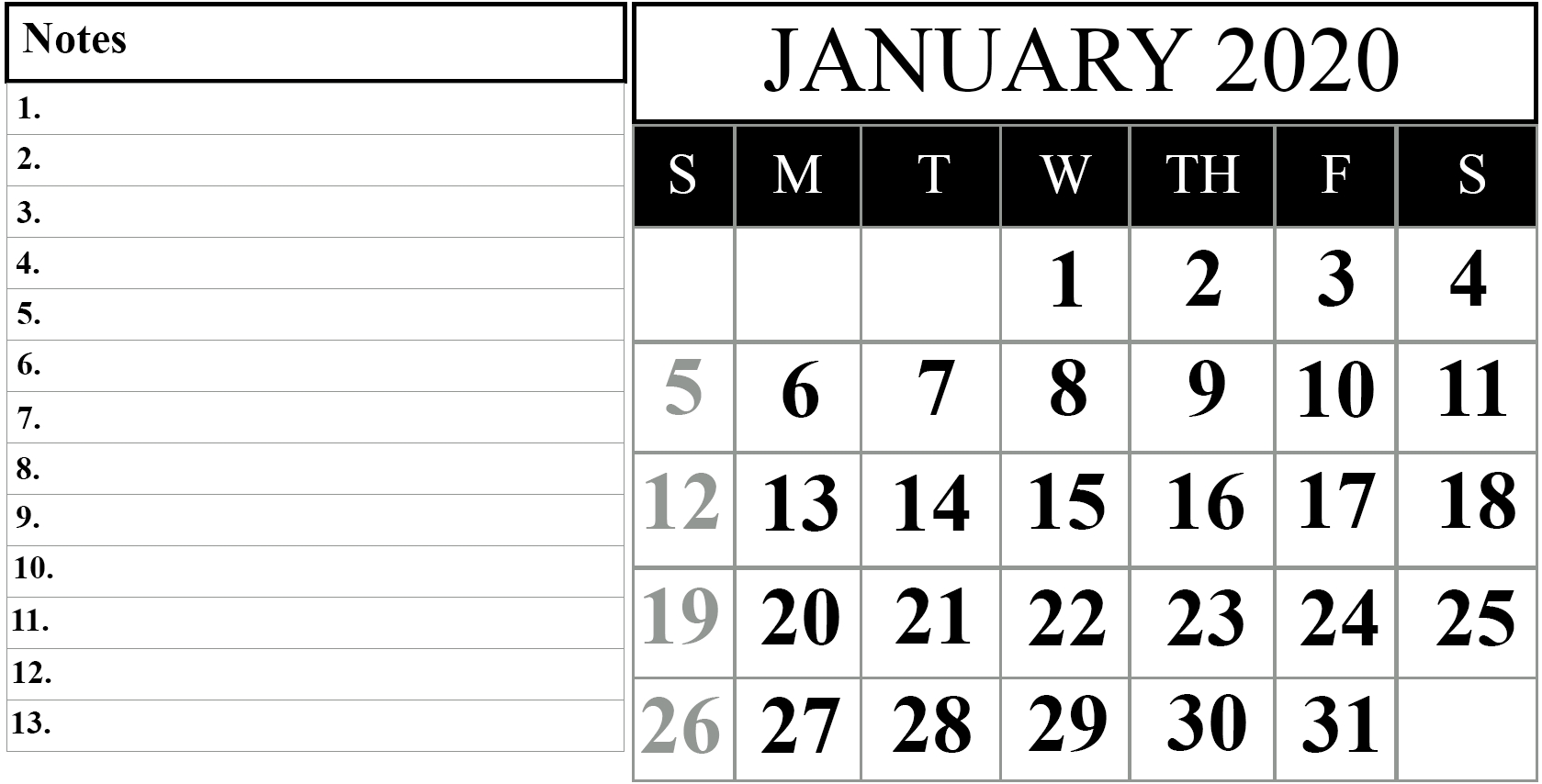 Printable January 2020 Calendar Pdf Free Download