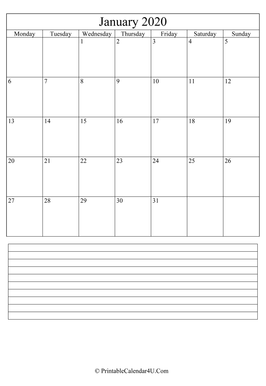 Printable January Calendar 2020 With Notes (Portrait)