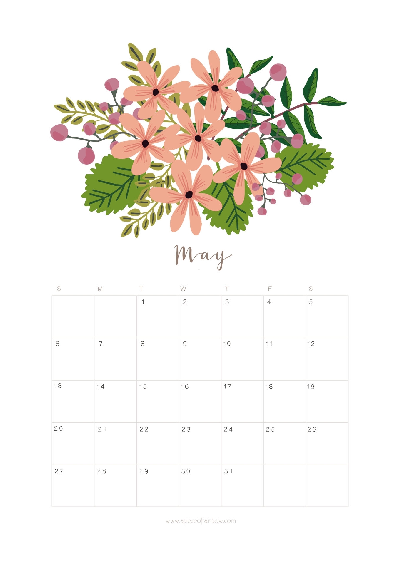 Printable May 2018 Calendar Monthly Planner - Flower Design