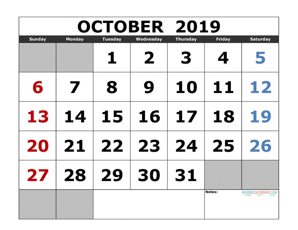 Printable October 2019 Calendar Template, Landscape Format