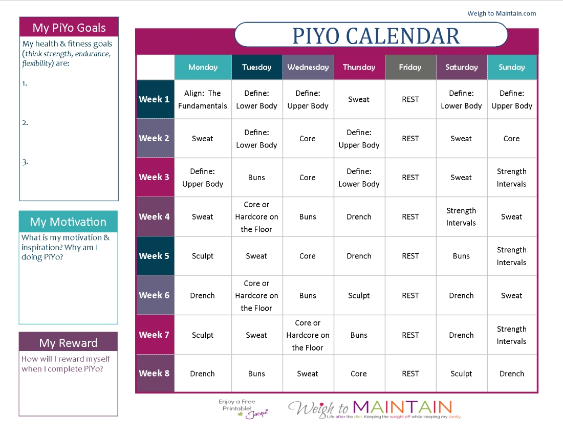 Printable Piyo Calendar And Workout Schedule | Workout