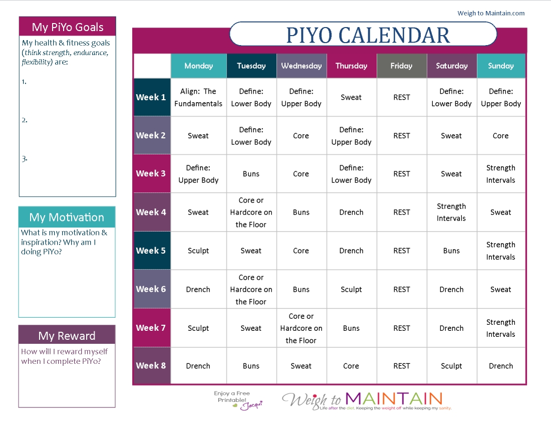 Piyo 8 Week Calendar | Month Calendar Printable