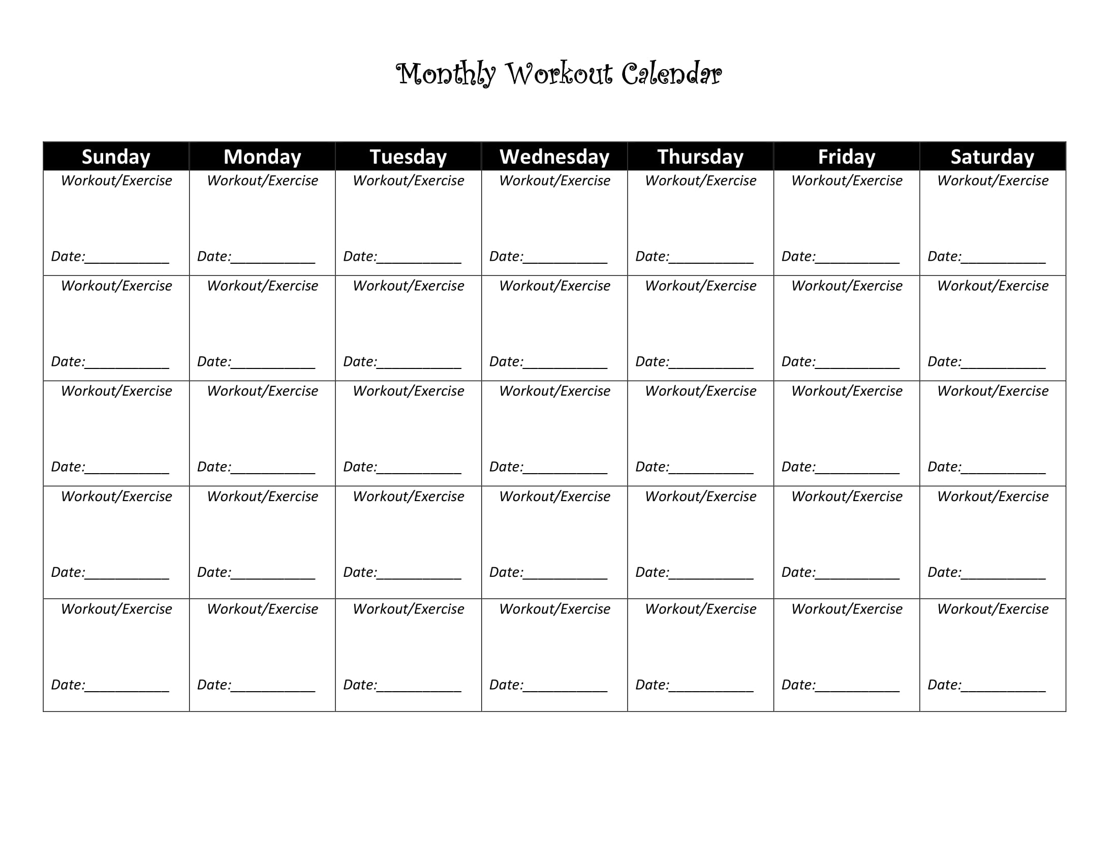 Printable Workout Calendar